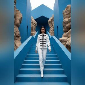 White Genuine Leather Military Style Jacket – Black Trim – Statement Fashion